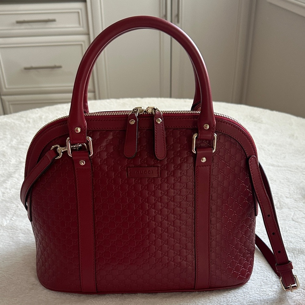 Gucci Cherry Red Embossed Leather Satchel with Shoulder Strap